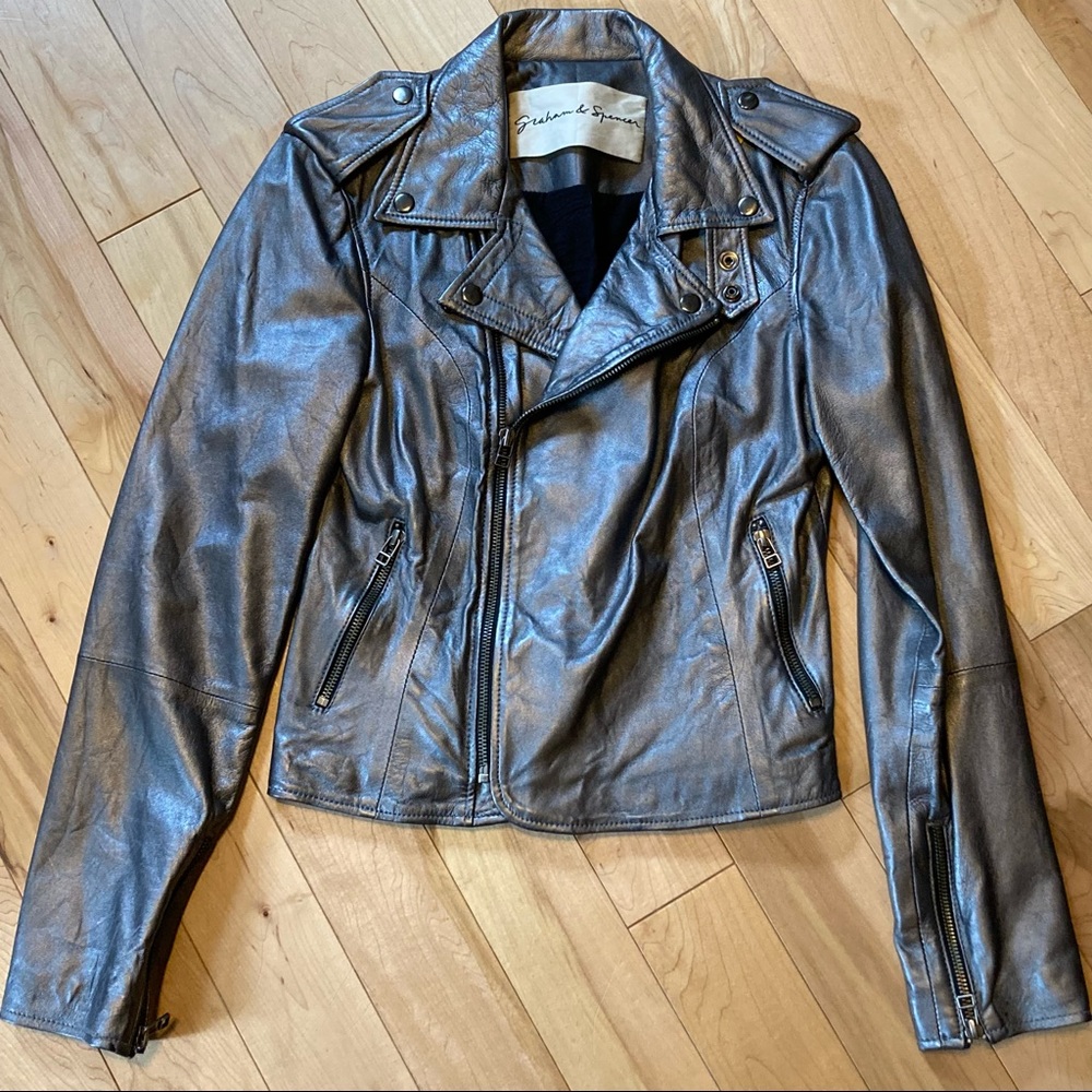 Graham & Spencer silver leather moto jacket size P